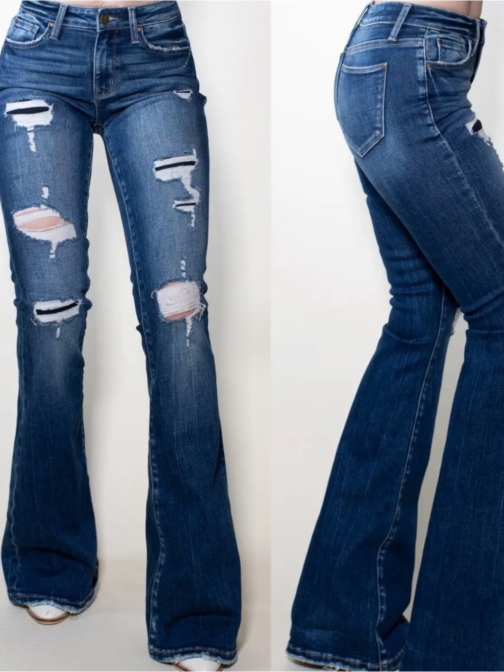 My Girl Patch Dark Wash Distressed Flare Jeans Size 9